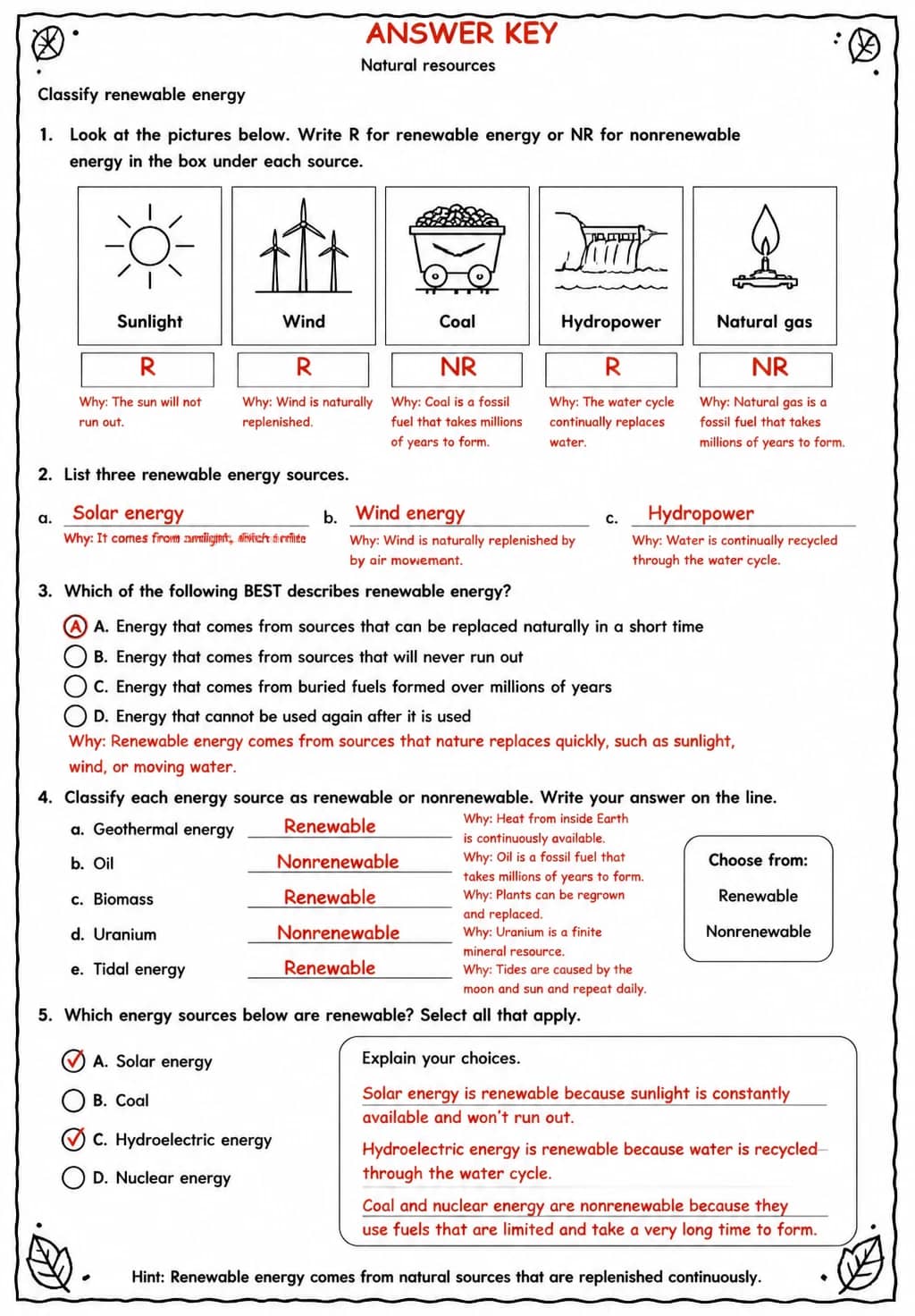 Answer key for Classify renewable energy — free printable Science worksheet