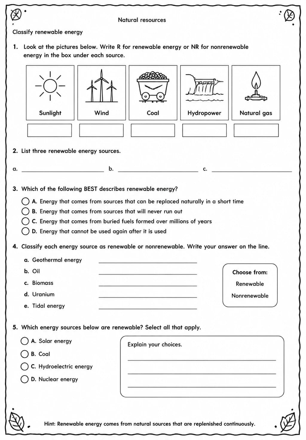 Classify renewable energy — free printable Middle School Science worksheet