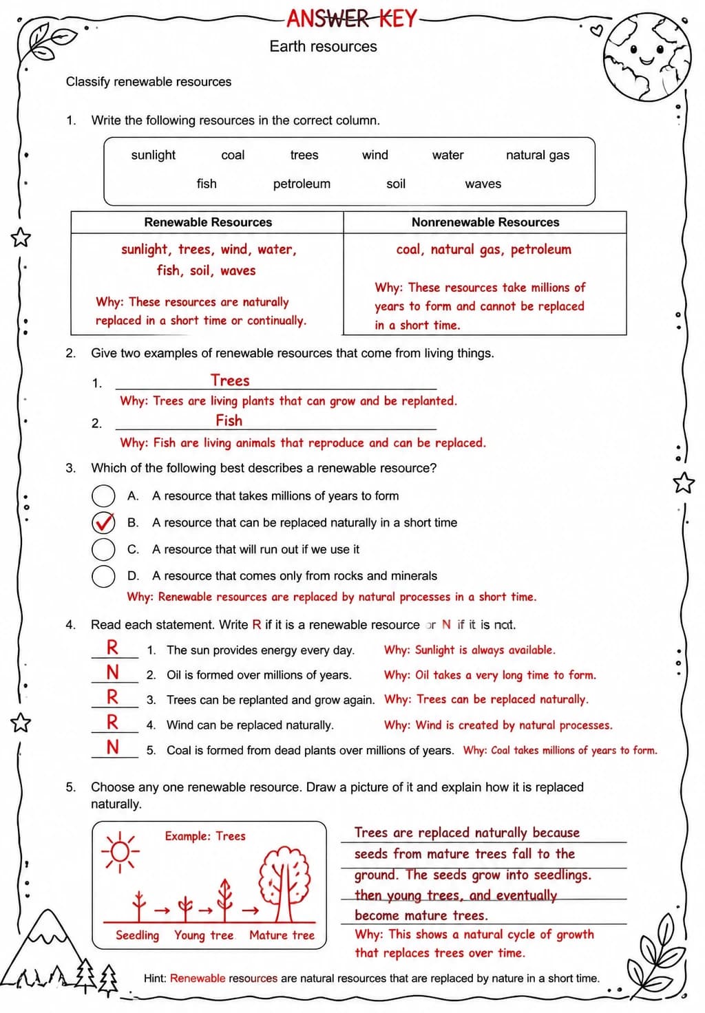 Answer key for Classify renewable resources — free printable Science worksheet