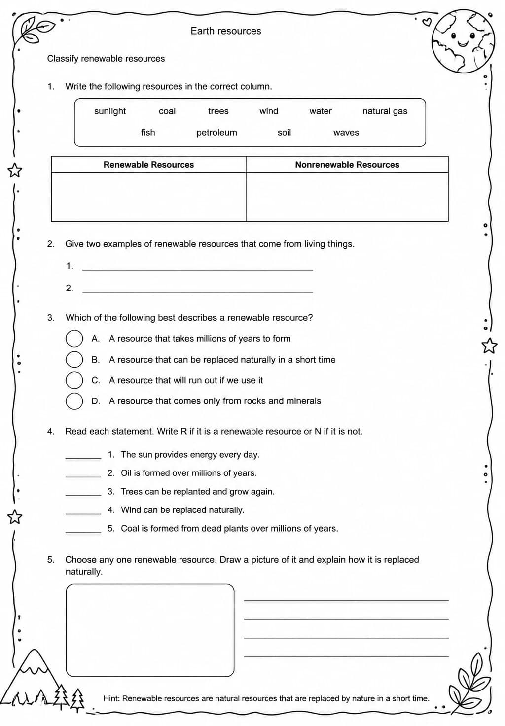 Classify renewable resources — free printable Grade 5 Science worksheet
