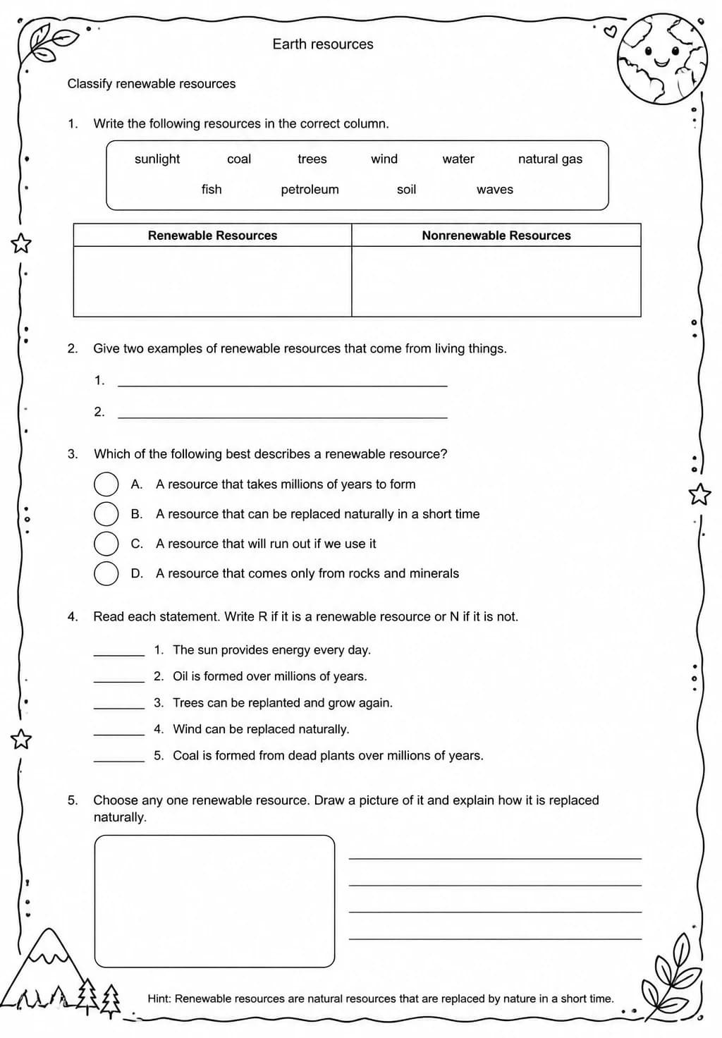 Classify renewable resources — free printable Grade 5 Science worksheet