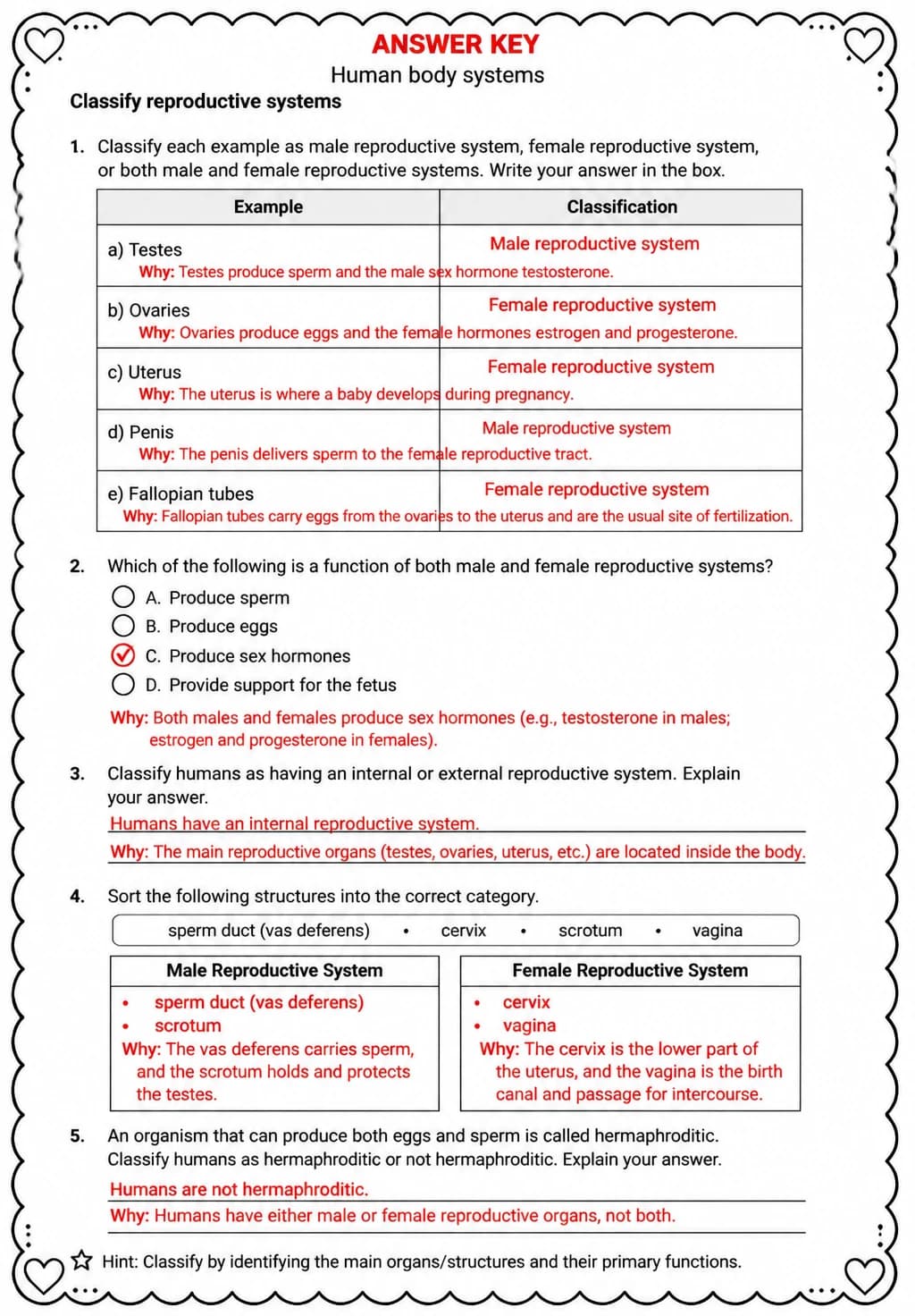 Answer key for Classify reproductive systems — free printable Science worksheet