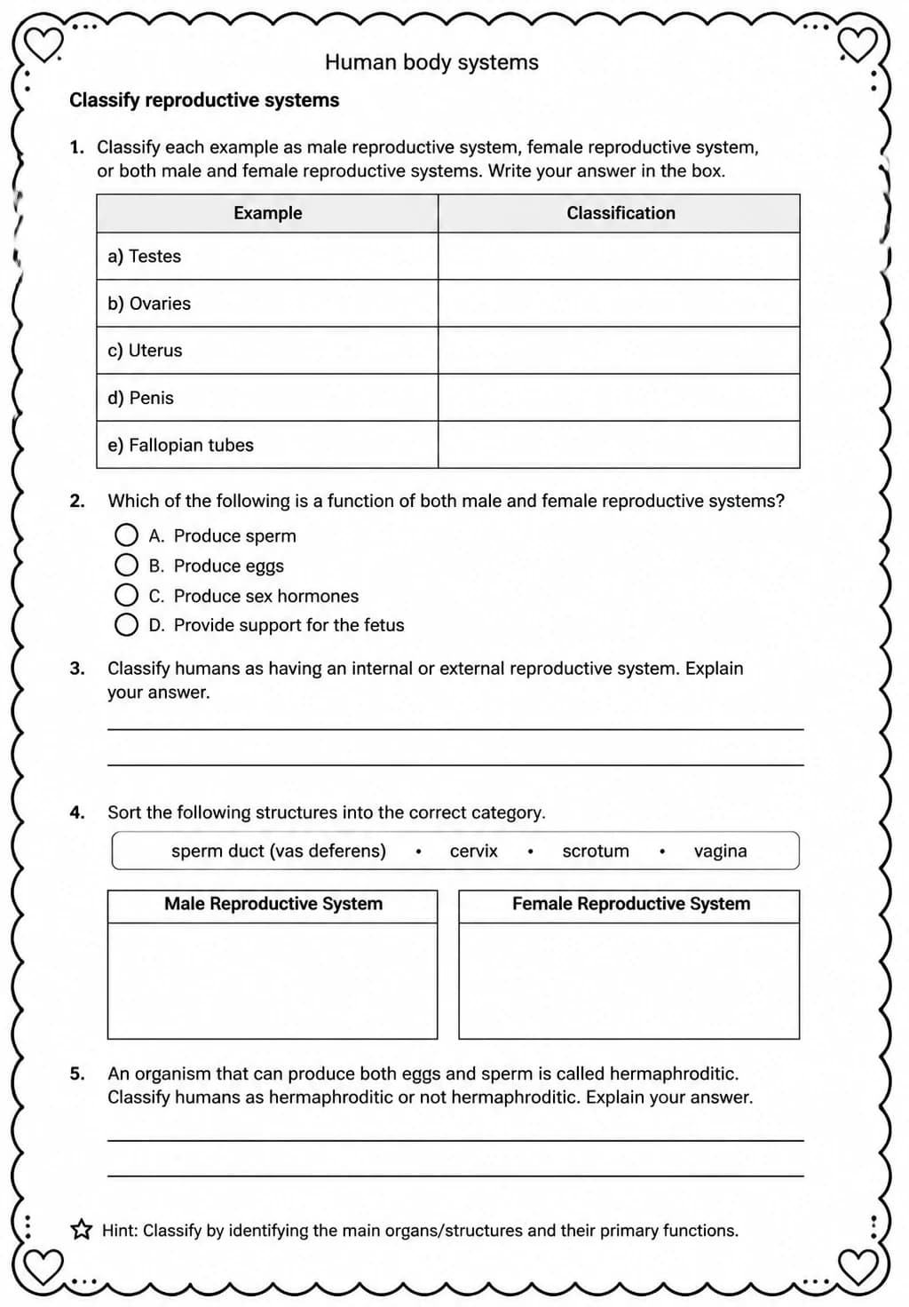 Classify reproductive systems — free printable Middle School Science worksheet