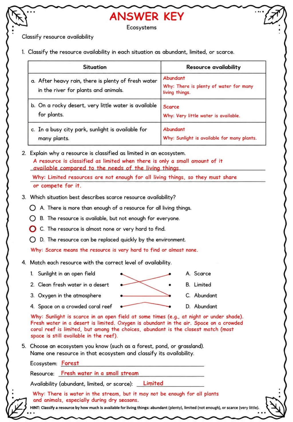 Answer key for Classify resource availability — free printable Science worksheet