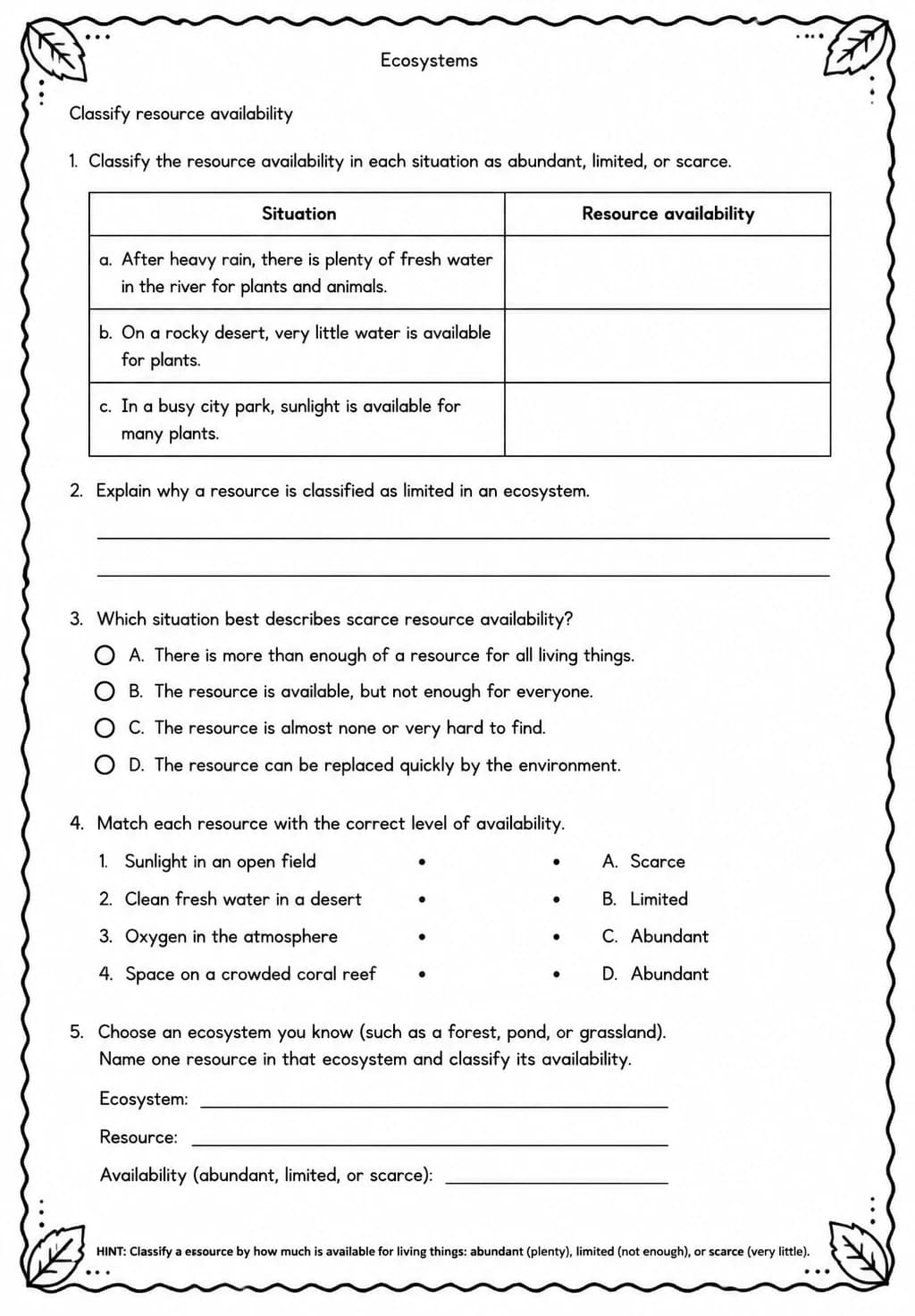 Classify resource availability — free printable Grade 5 Science worksheet