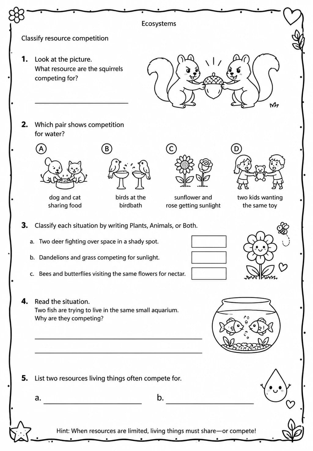 Classify resource competition — free printable Grade 4 Science worksheet