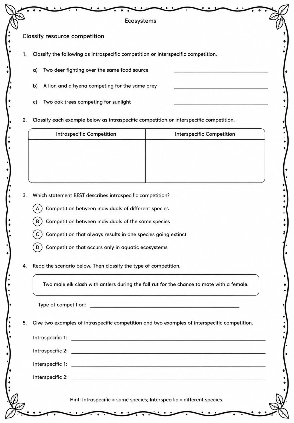 Classify resource competition — free printable Middle School Science worksheet