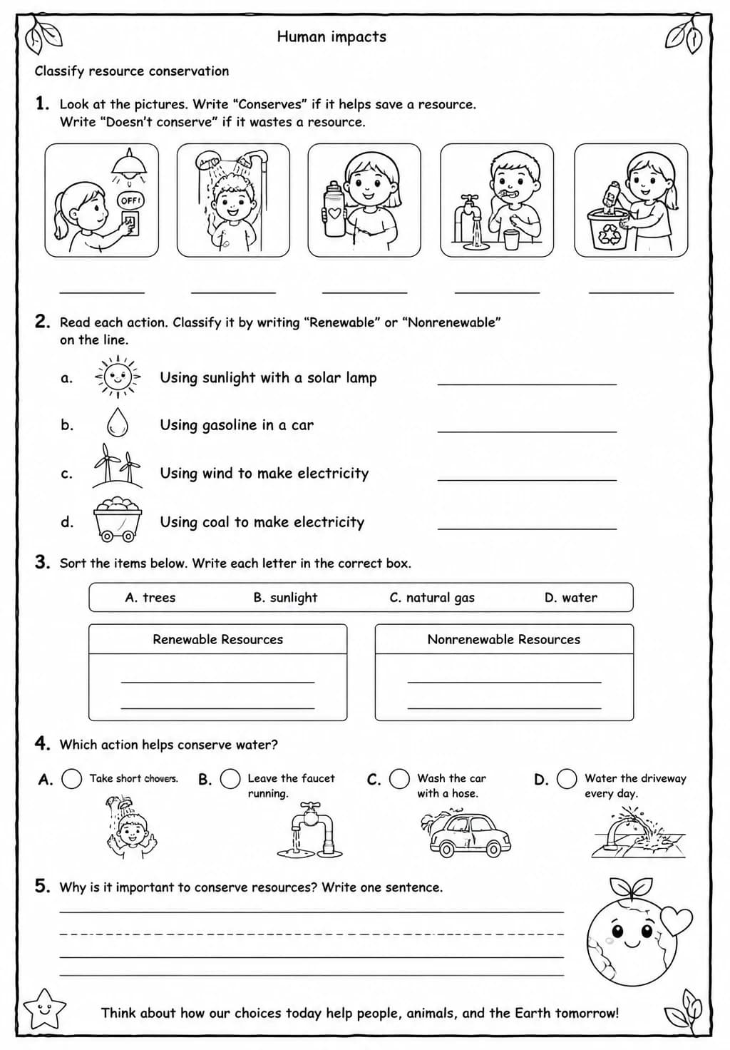 Classify resource conservation — free printable Grade 2 Science worksheet