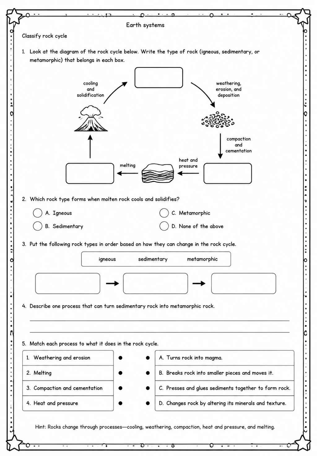 Classify rock cycle — free printable Middle School Science worksheet