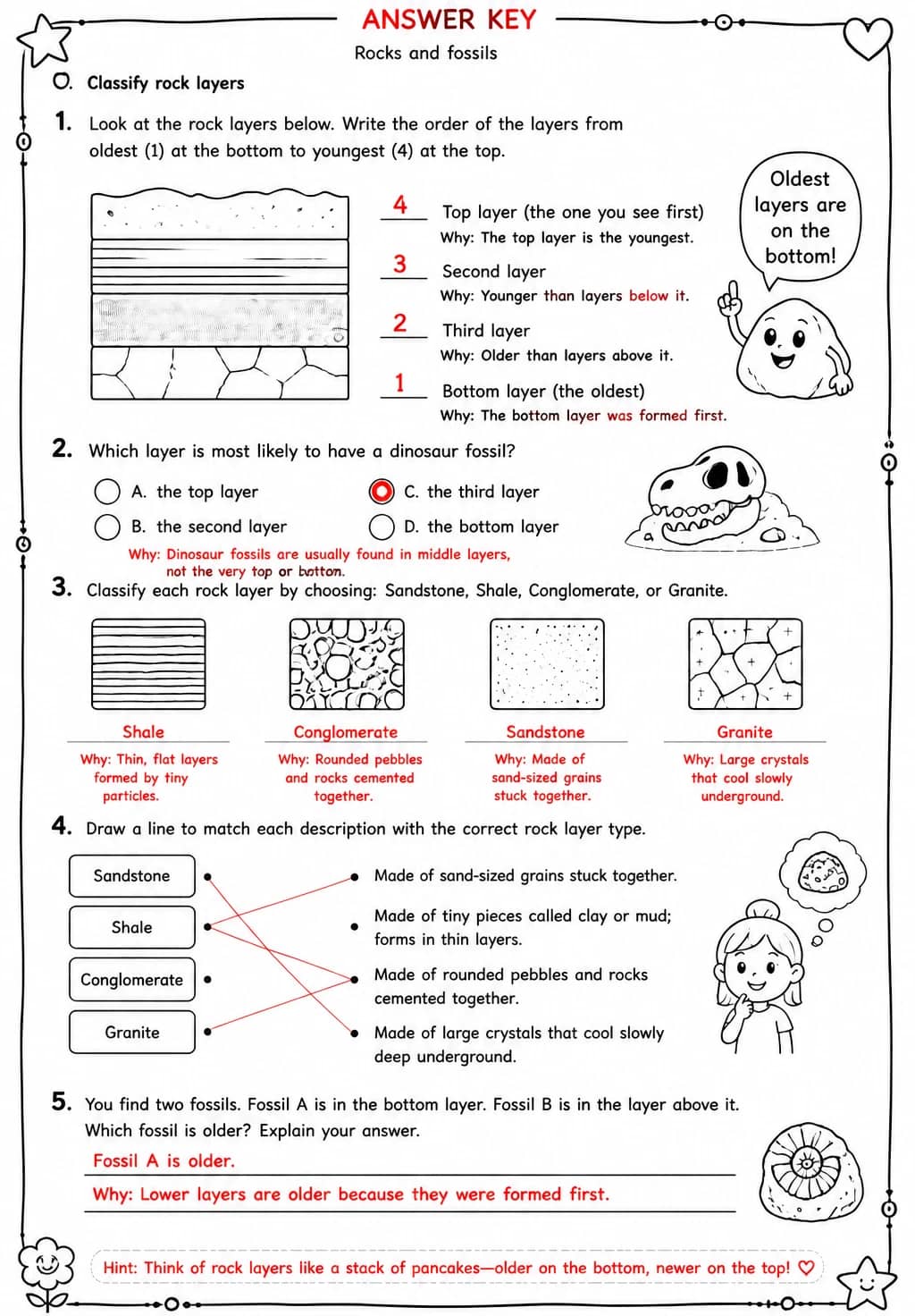 Answer key for Classify rock layers — free printable Science worksheet