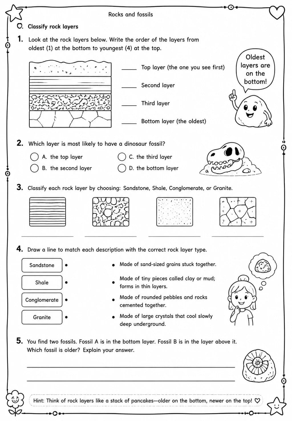Classify rock layers — free printable Grade 4 Science worksheet