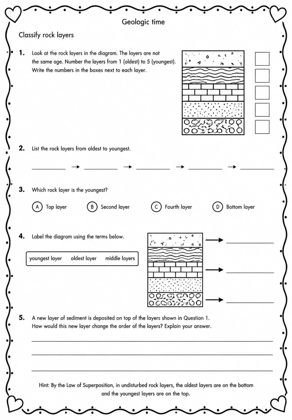 Classify rock layers — free printable Middle School Science worksheet