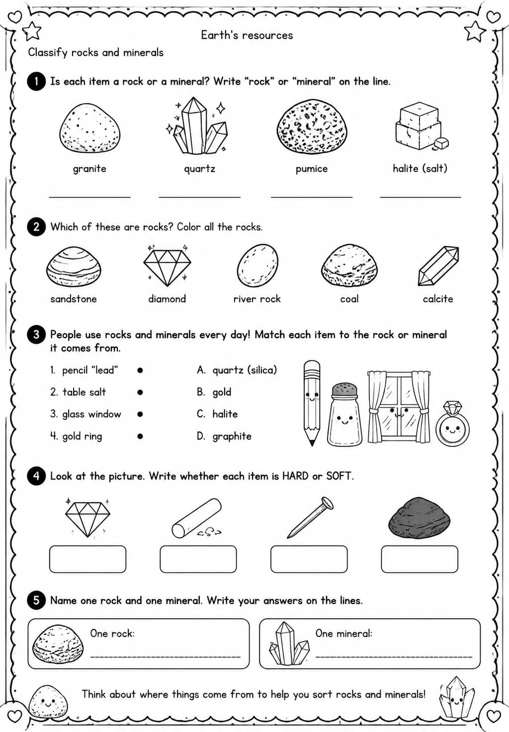 Classify rocks and minerals — free printable Kindergarten Science worksheet