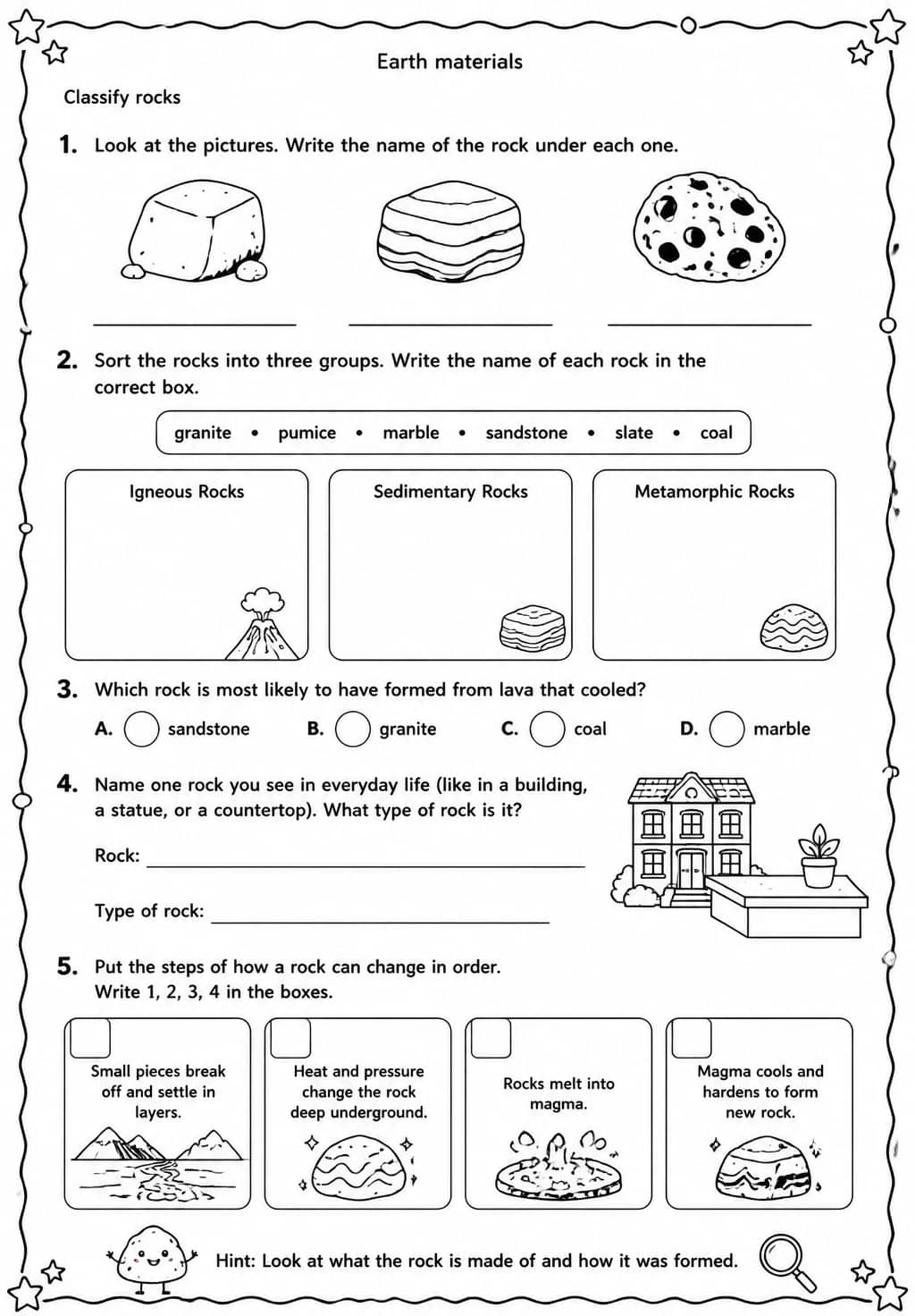Classify rocks — free printable Grade 3 Science worksheet