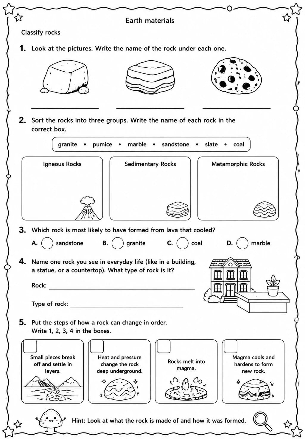 Classify rocks — free printable Grade 3 Science worksheet