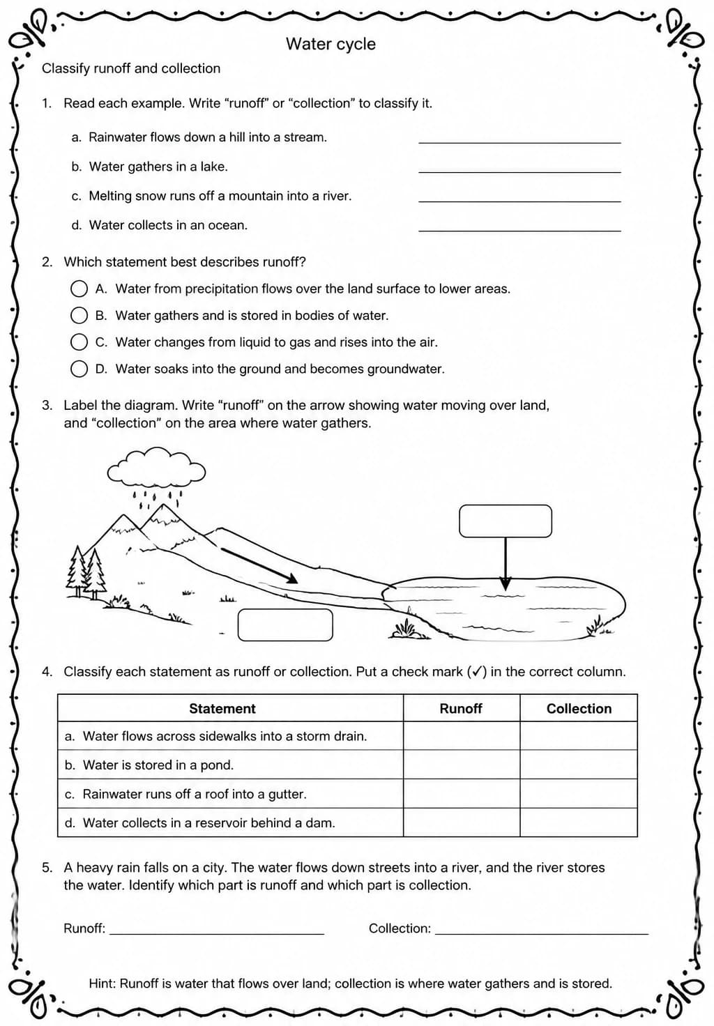 Classify runoff and collection — free printable Grade 5 Science worksheet