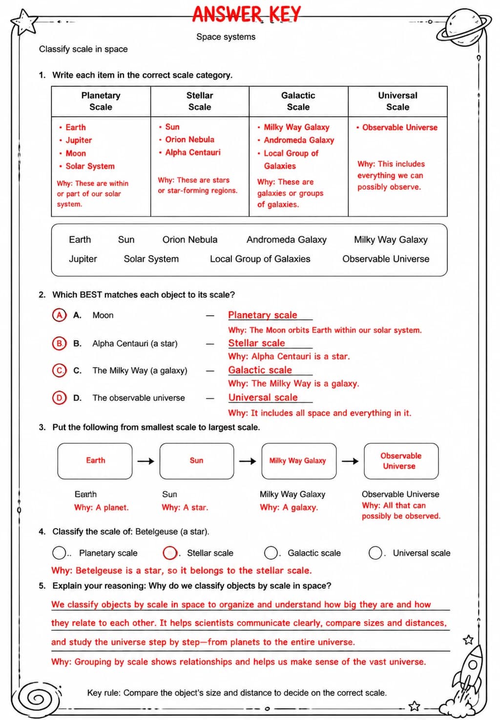 Answer key for Classify scale in space — free printable Science worksheet