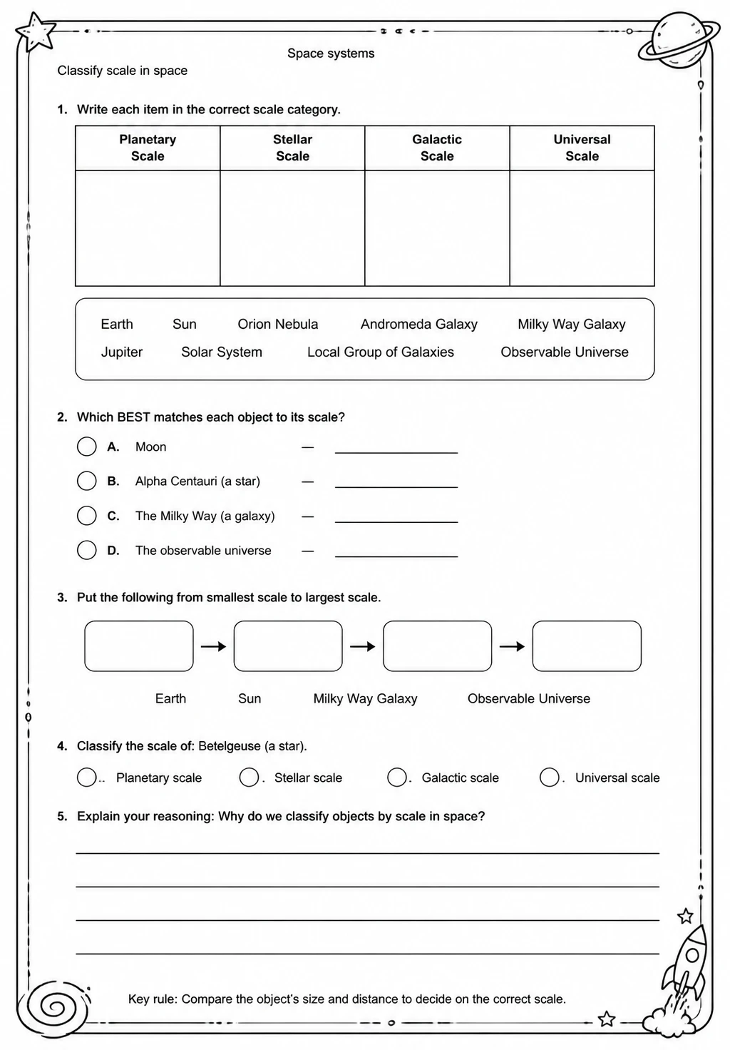 Classify scale in space — free printable Grade 5 Science worksheet