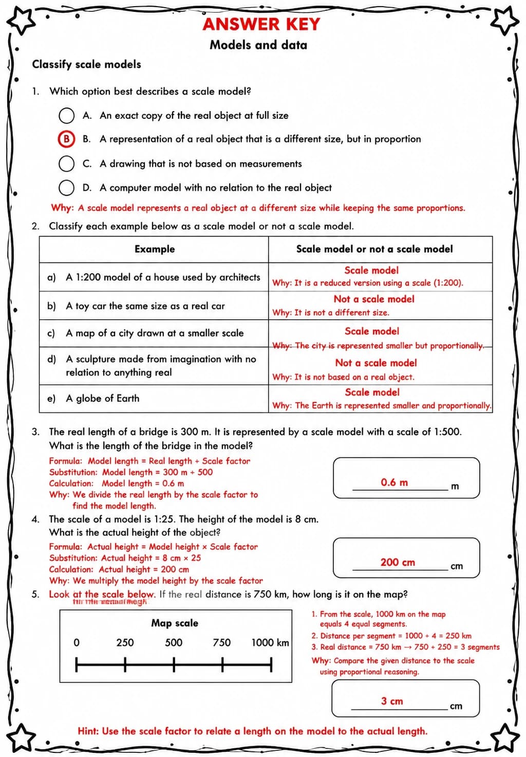 Answer key for Classify scale models — free printable Science worksheet