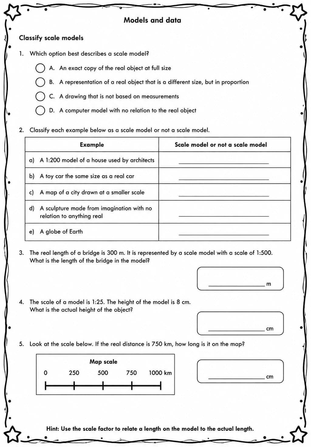 Classify scale models — free printable Middle School Science worksheet