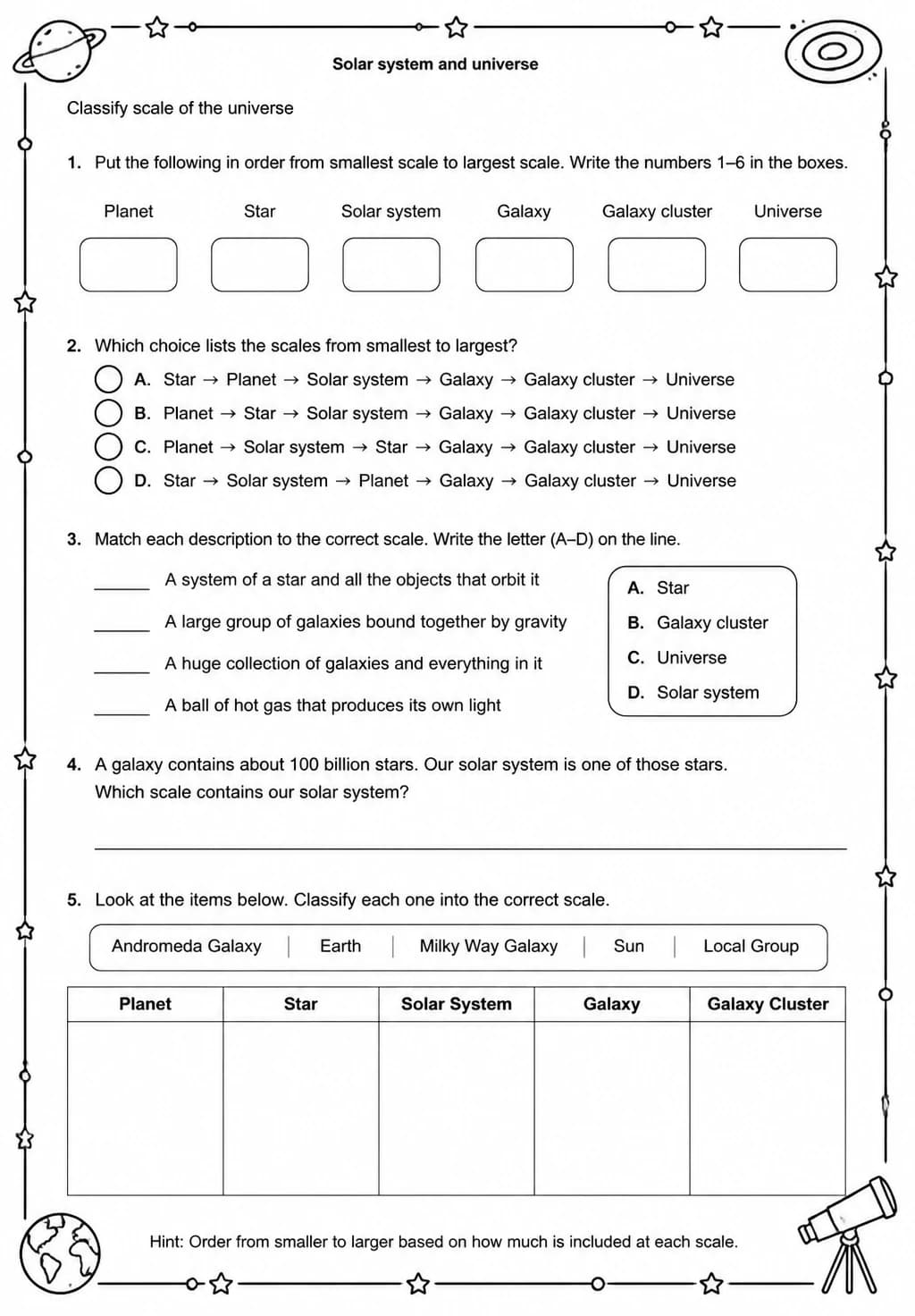Classify scale of the universe — free printable Middle School Science worksheet