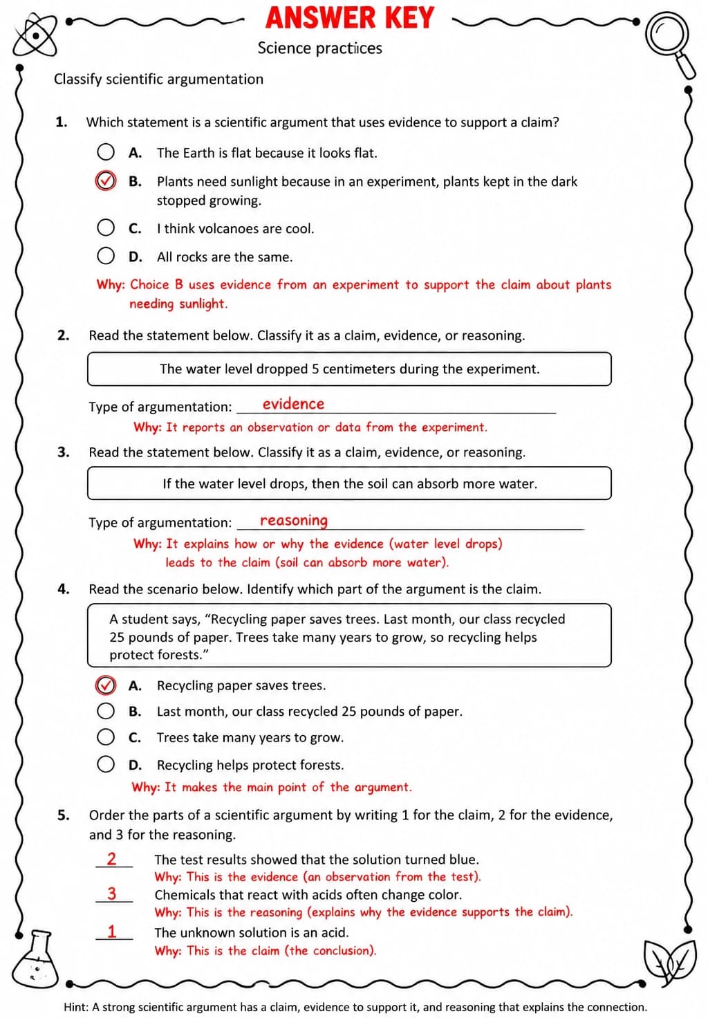 Answer key for Classify scientific argumentation — free printable Science worksheet