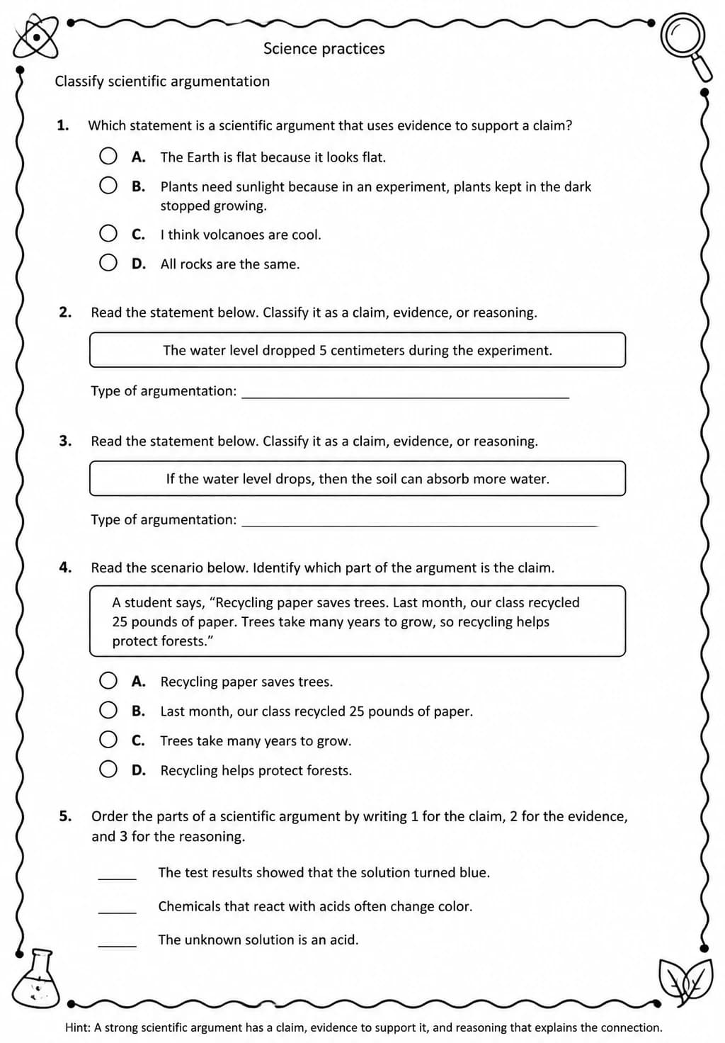 Classify scientific argumentation — free printable Grade 5 Science worksheet