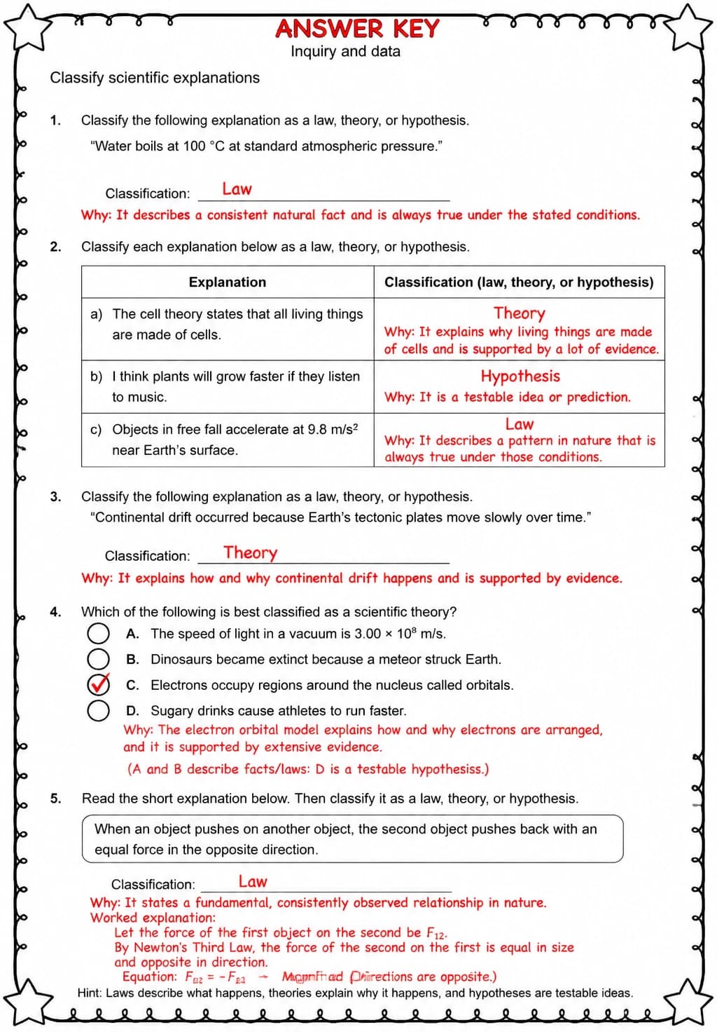 Answer key for Classify scientific explanations — free printable Science worksheet