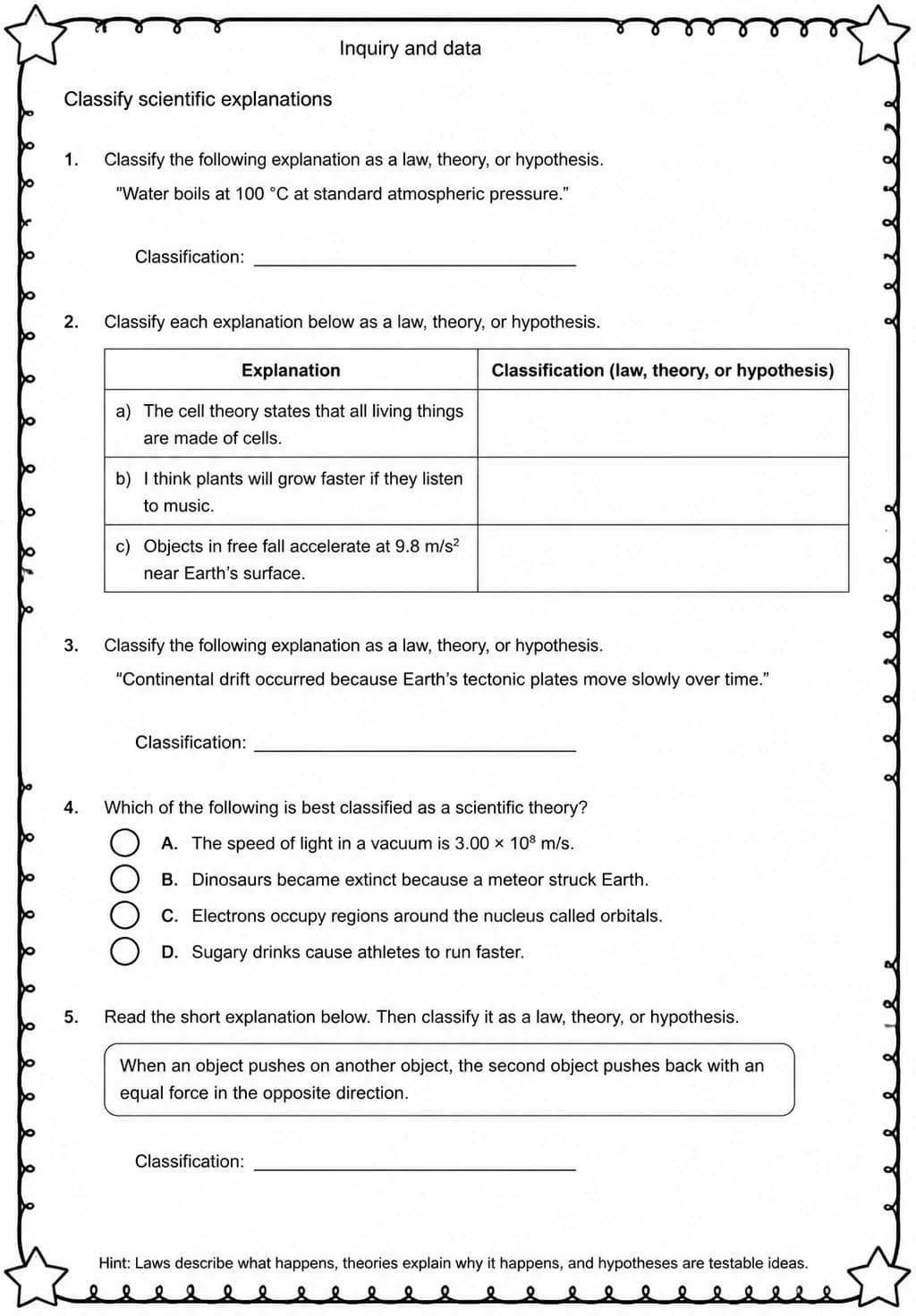 Classify scientific explanations — free printable Middle School Science worksheet