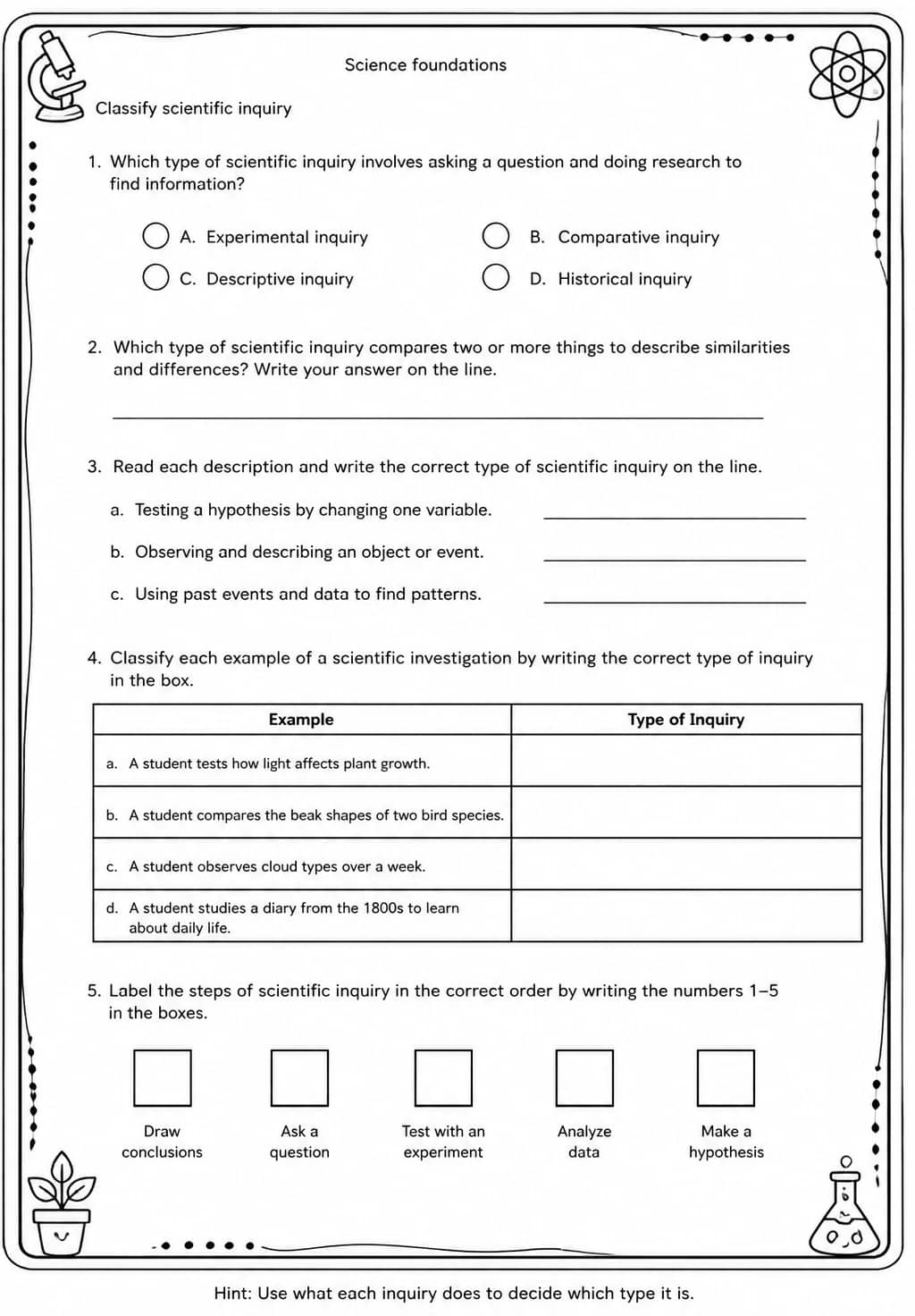 Classify scientific inquiry — free printable High School Science worksheet