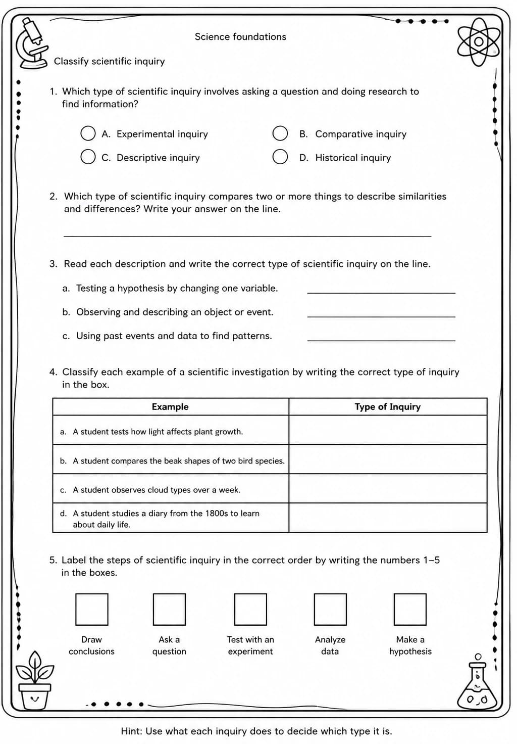Classify scientific inquiry — free printable High School Science worksheet