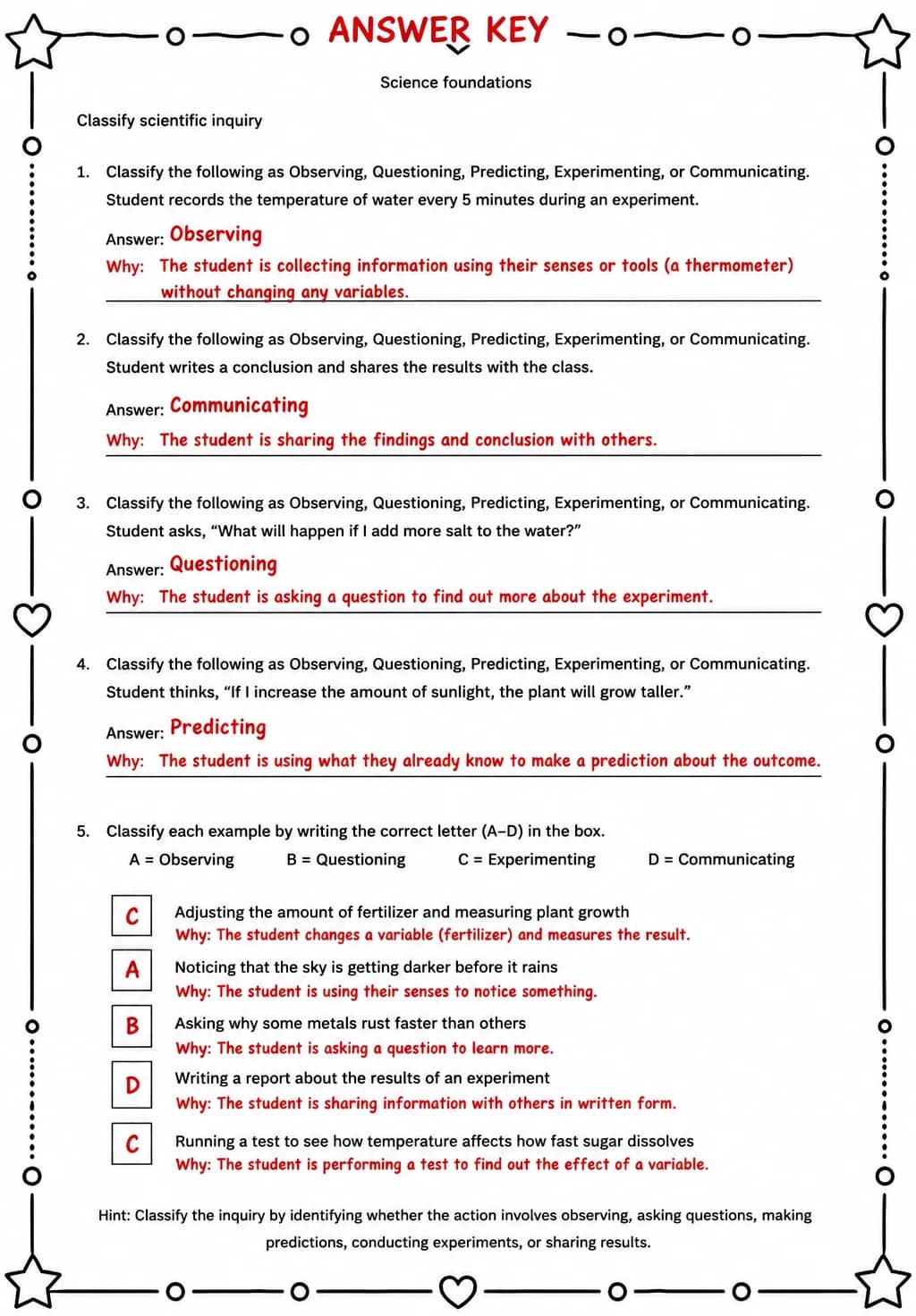 Answer key for Classify scientific inquiry — free printable Science worksheet