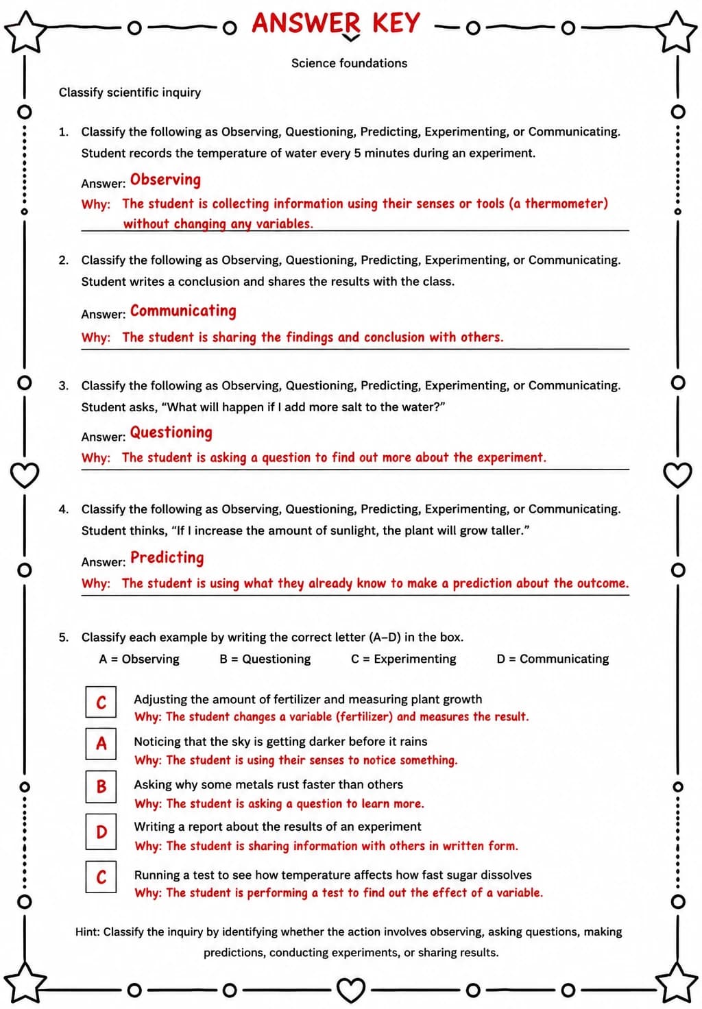 Answer key for Classify scientific inquiry — free printable Science worksheet