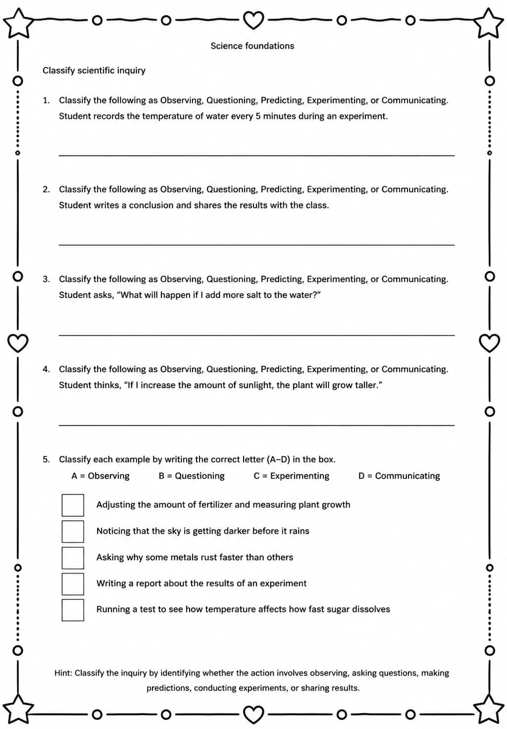 Classify scientific inquiry — free printable High School Science worksheet