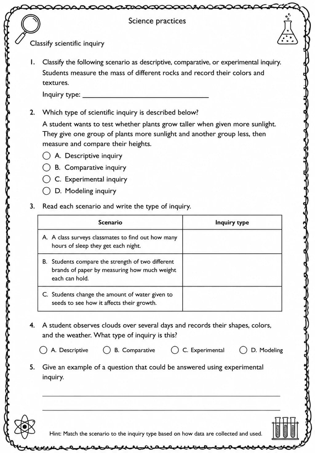 Classify scientific inquiry — free printable Middle School Science worksheet
