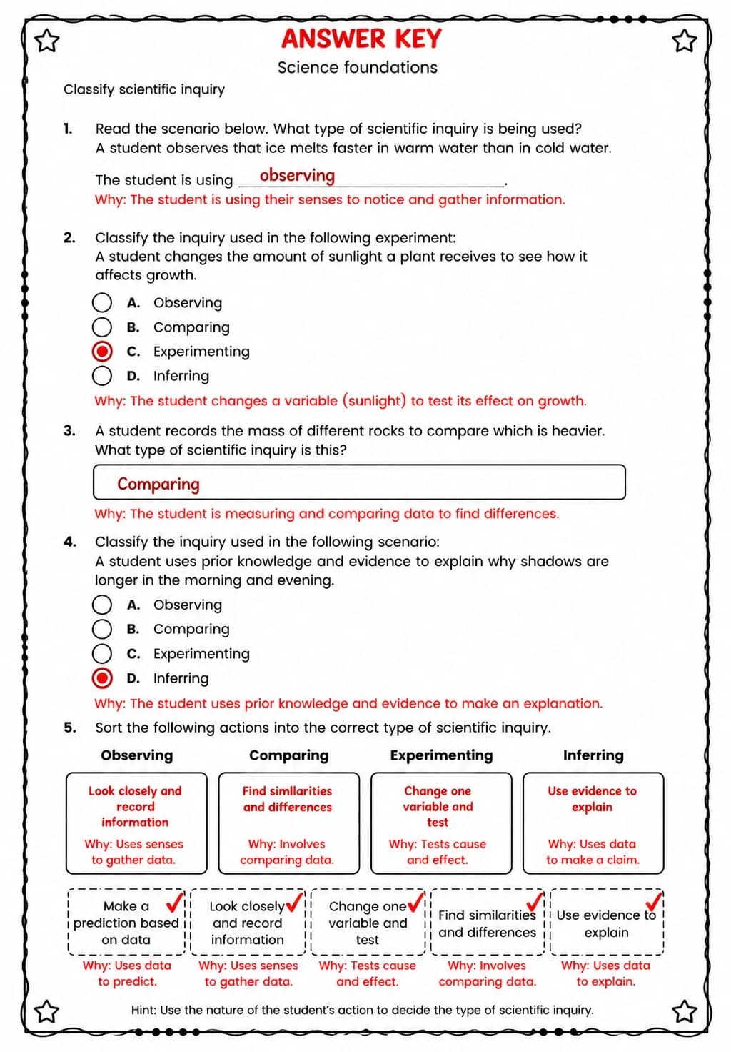 Answer key for Classify scientific inquiry — free printable Science worksheet