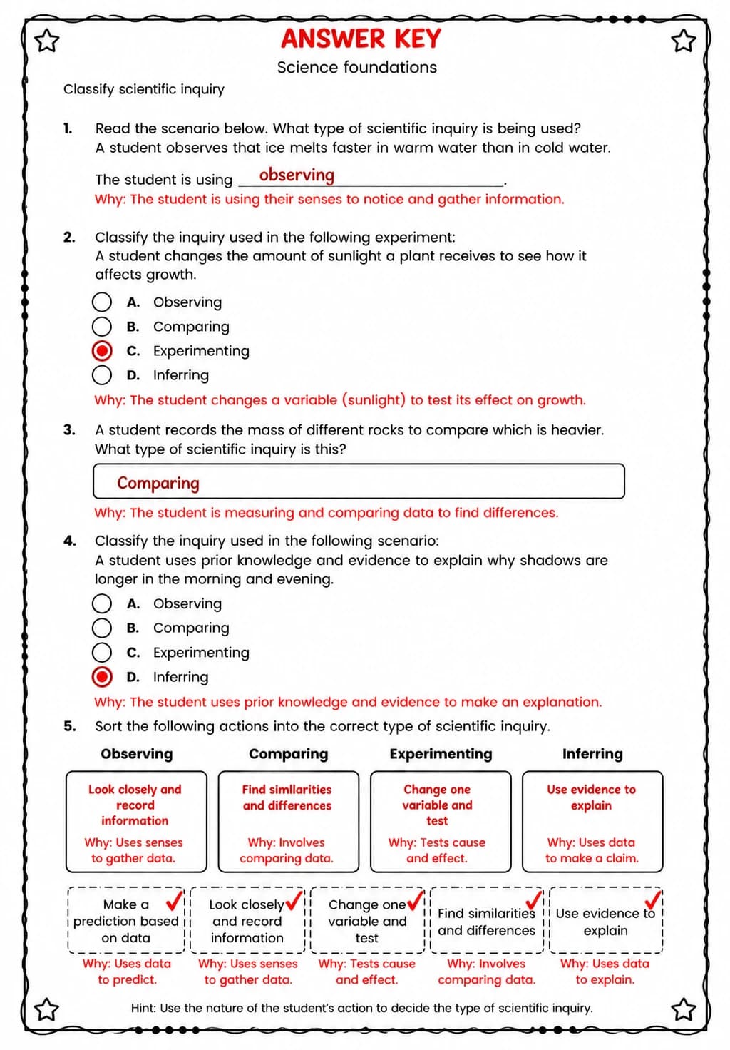 Answer key for Classify scientific inquiry — free printable Science worksheet