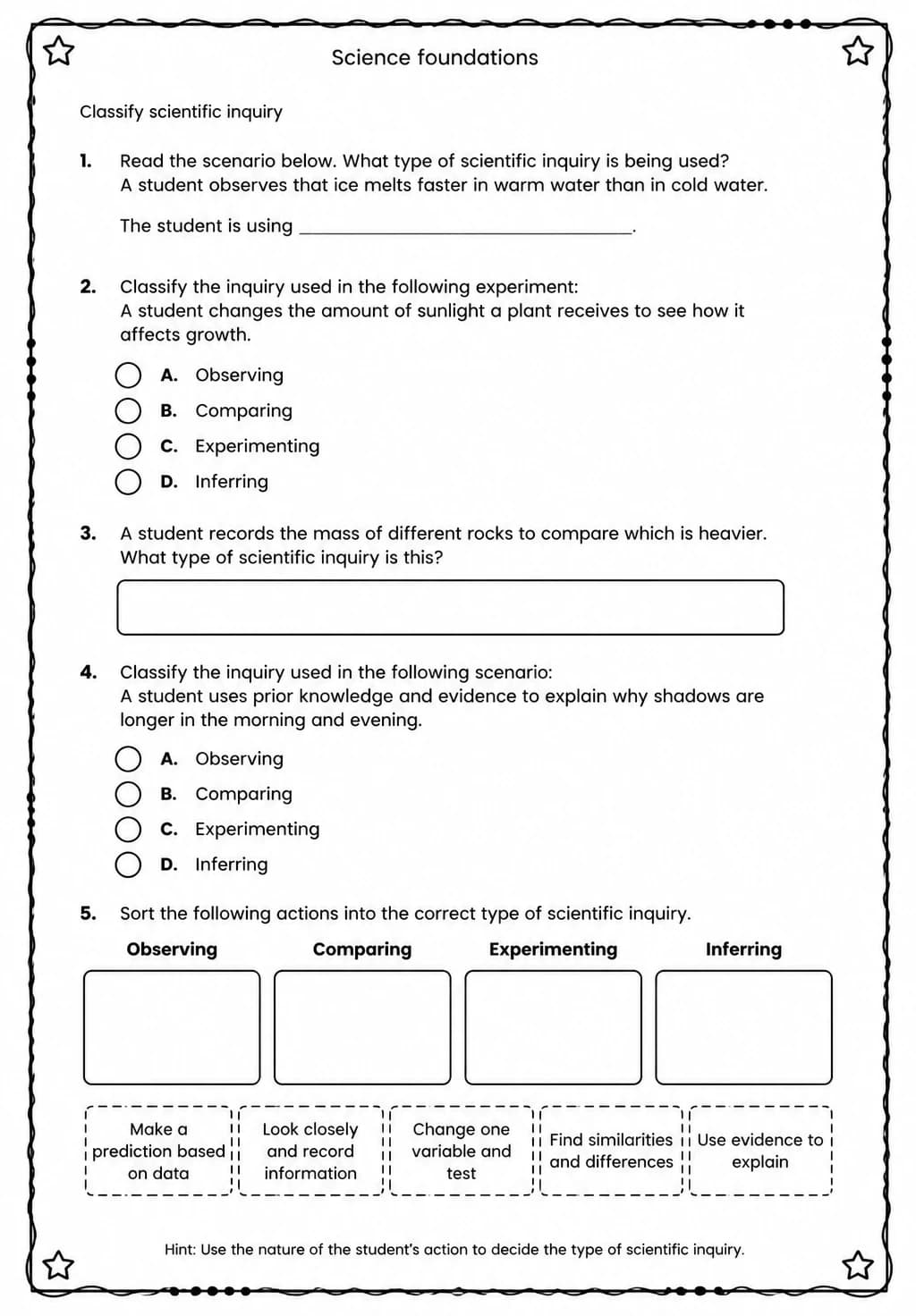 Classify scientific inquiry — free printable High School Science worksheet