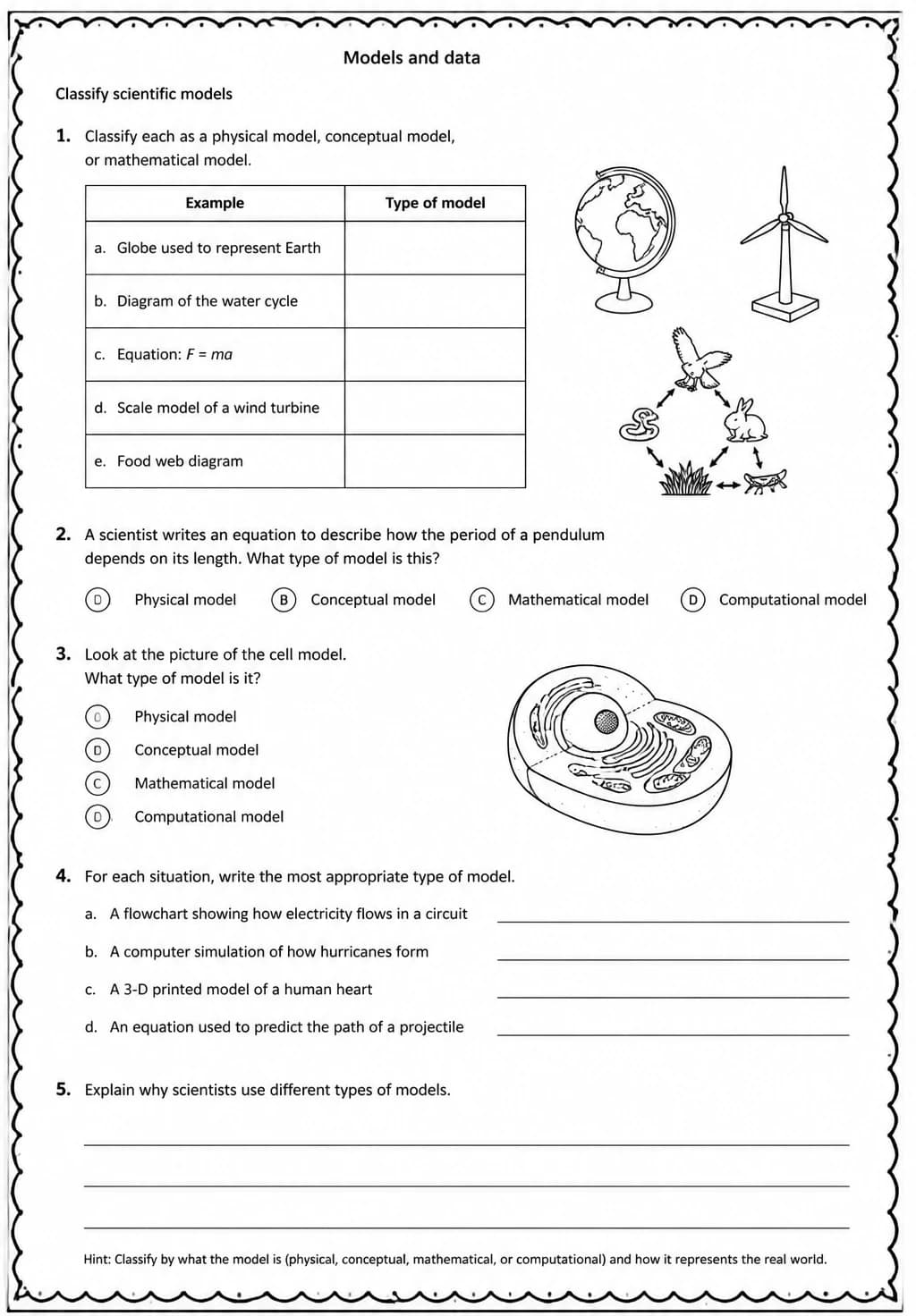 Classify scientific models — free printable Middle School Science worksheet