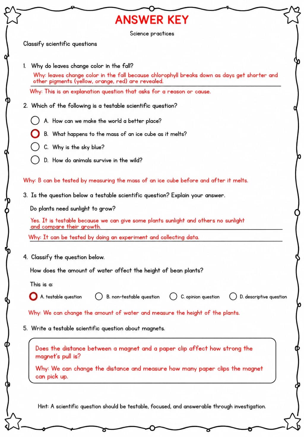 Answer key for Classify scientific questions — free printable Science worksheet