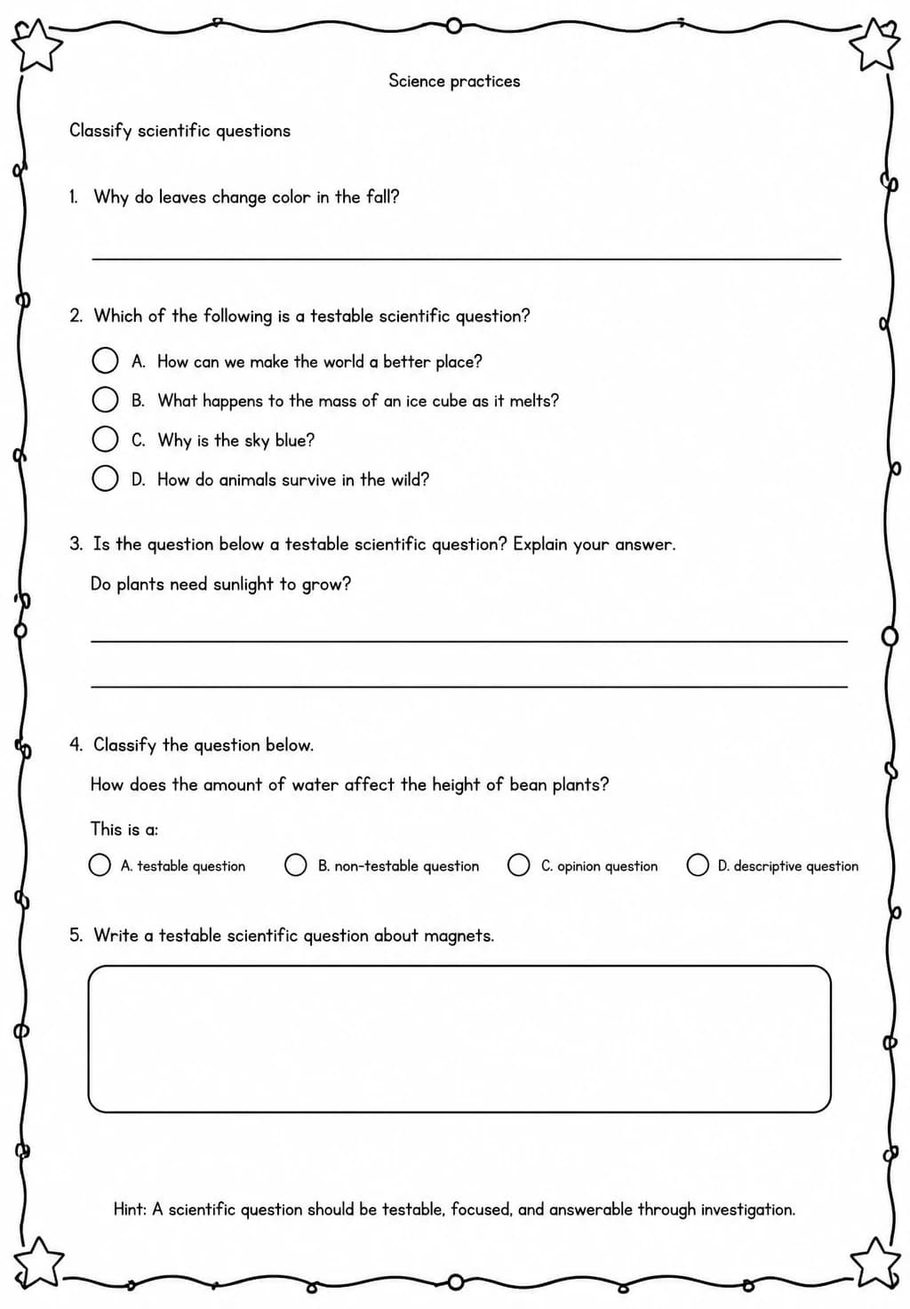 Classify scientific questions — free printable Grade 5 Science worksheet