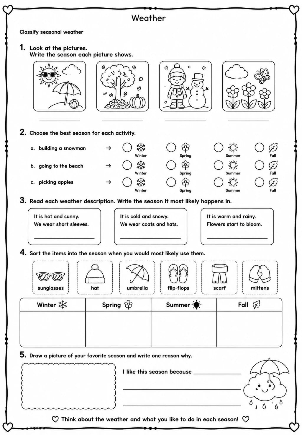 Classify seasonal weather — free printable Grade 2 Science worksheet