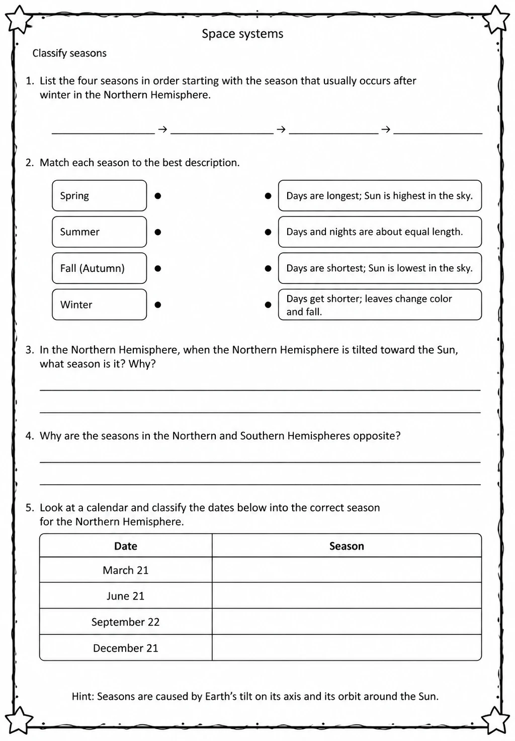 Classify seasons — free printable Middle School Science worksheet