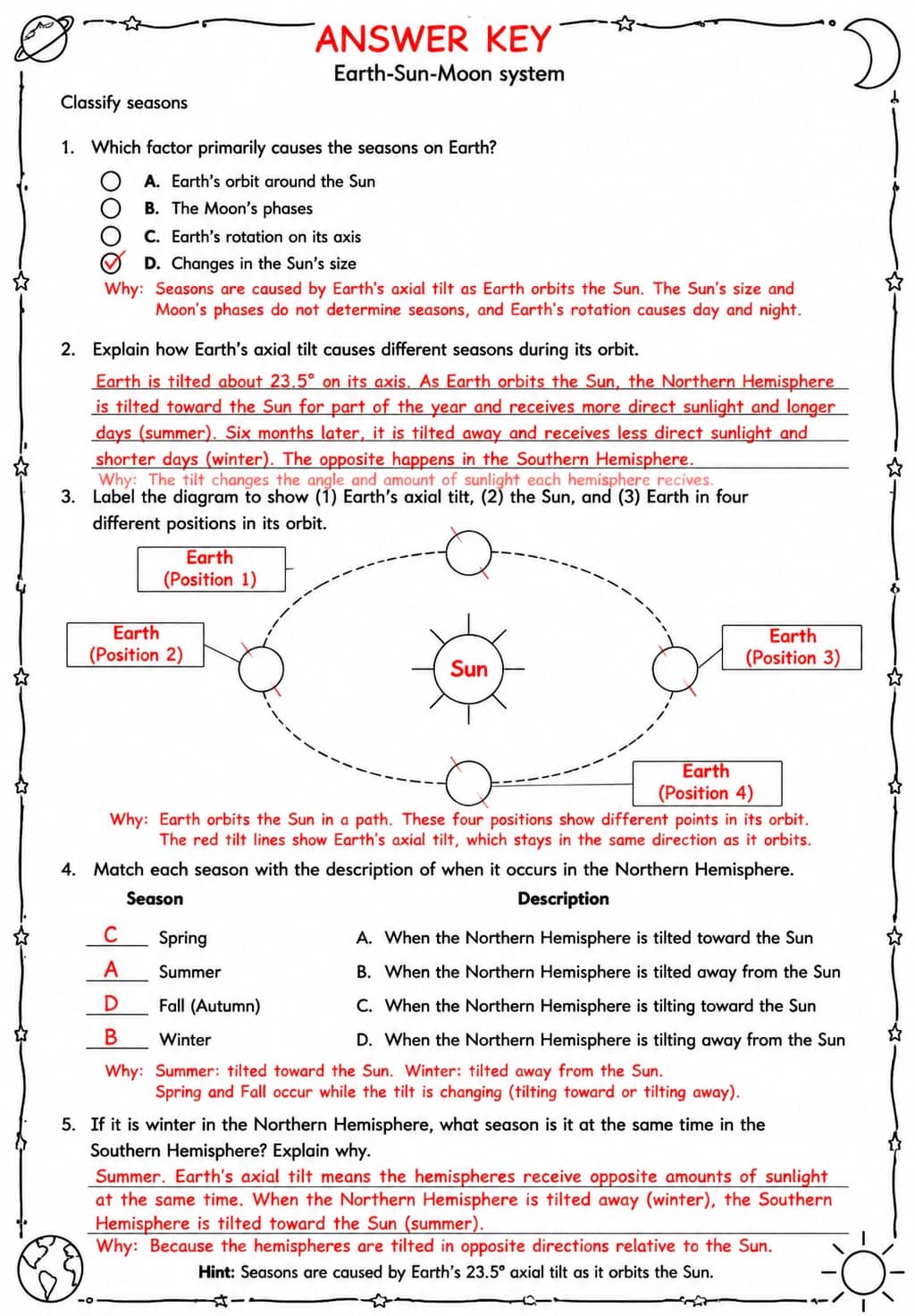 Answer key for Classify seasons — free printable Science worksheet