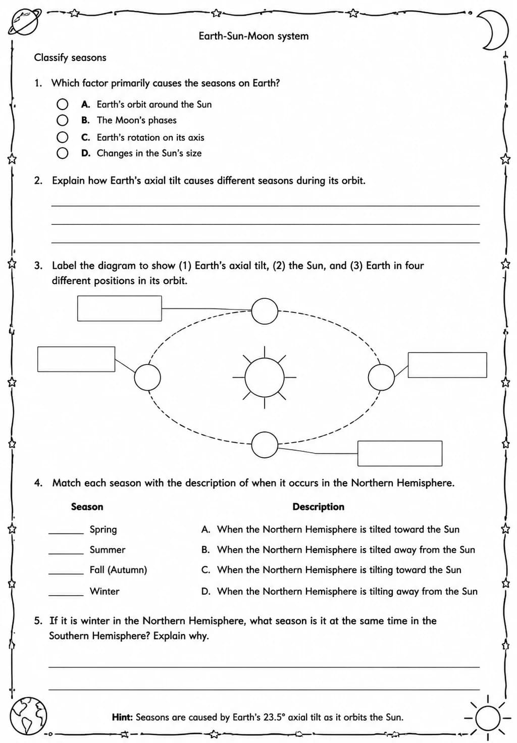 Classify seasons — free printable Middle School Science worksheet