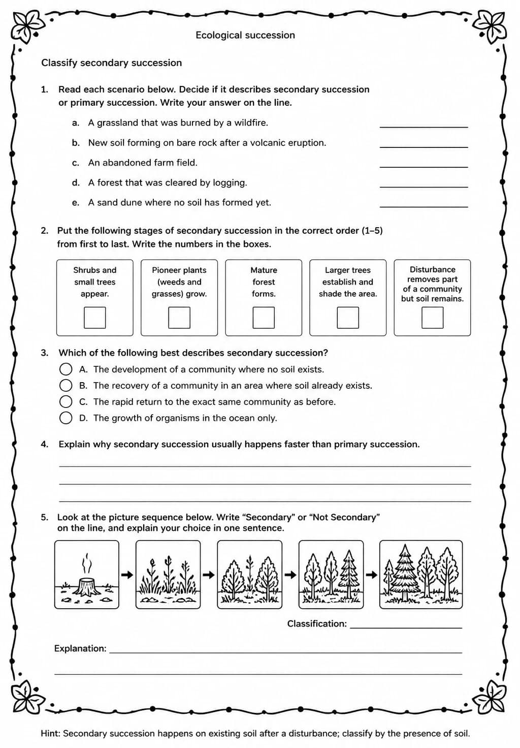 Classify secondary succession — free printable Middle School Science worksheet