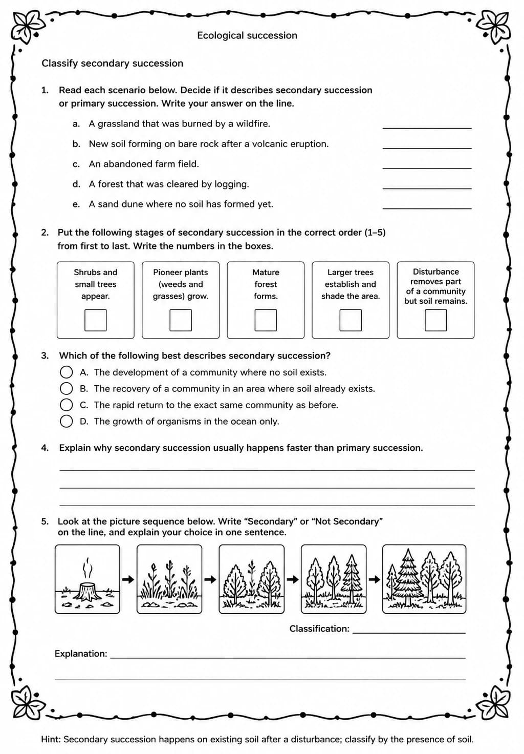 Classify secondary succession — free printable Middle School Science worksheet