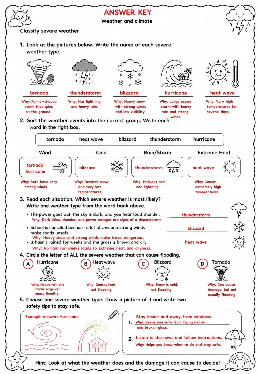 Answer key for Classify severe weather — free printable Science worksheet