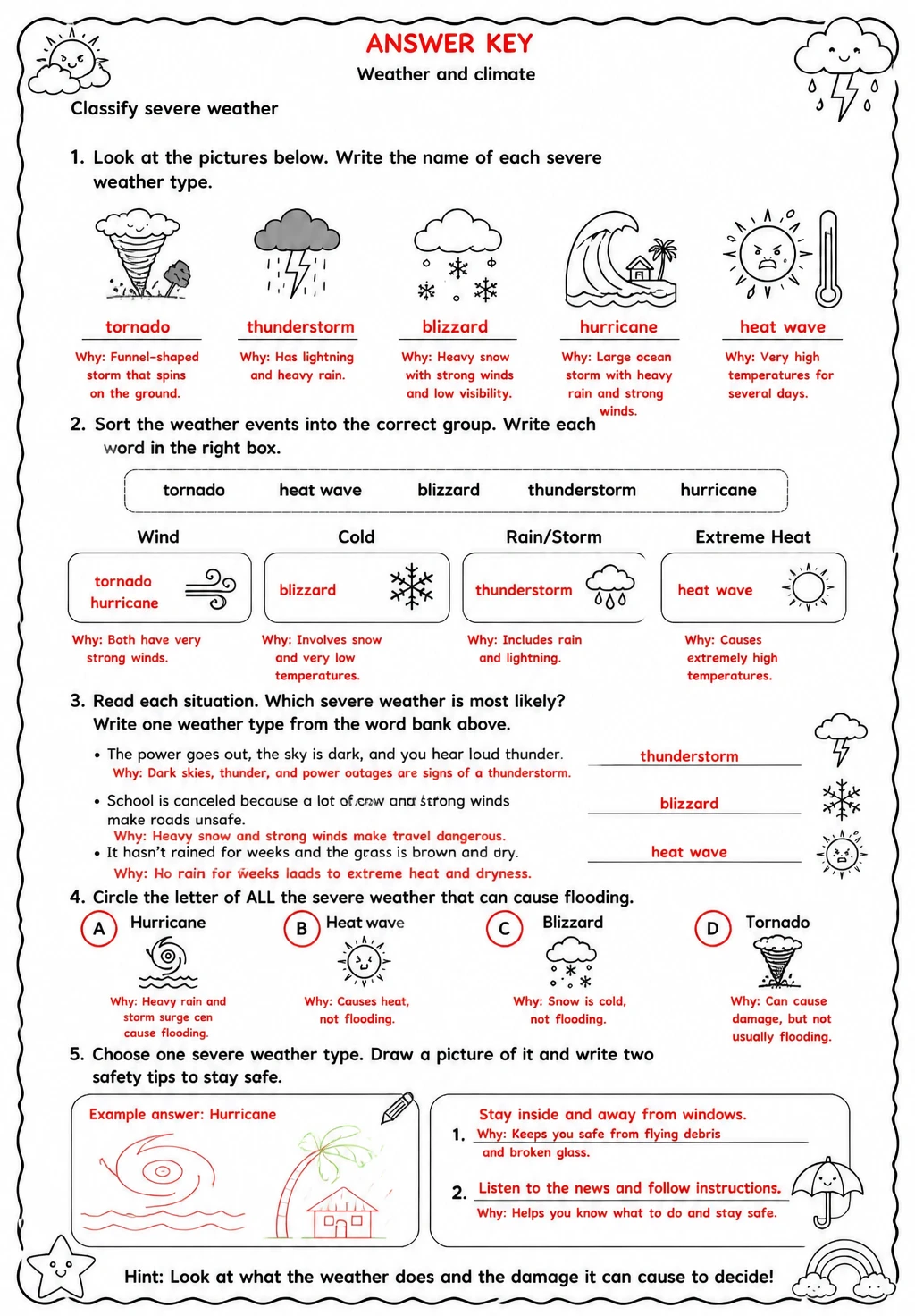 Answer key for Classify severe weather — free printable Science worksheet