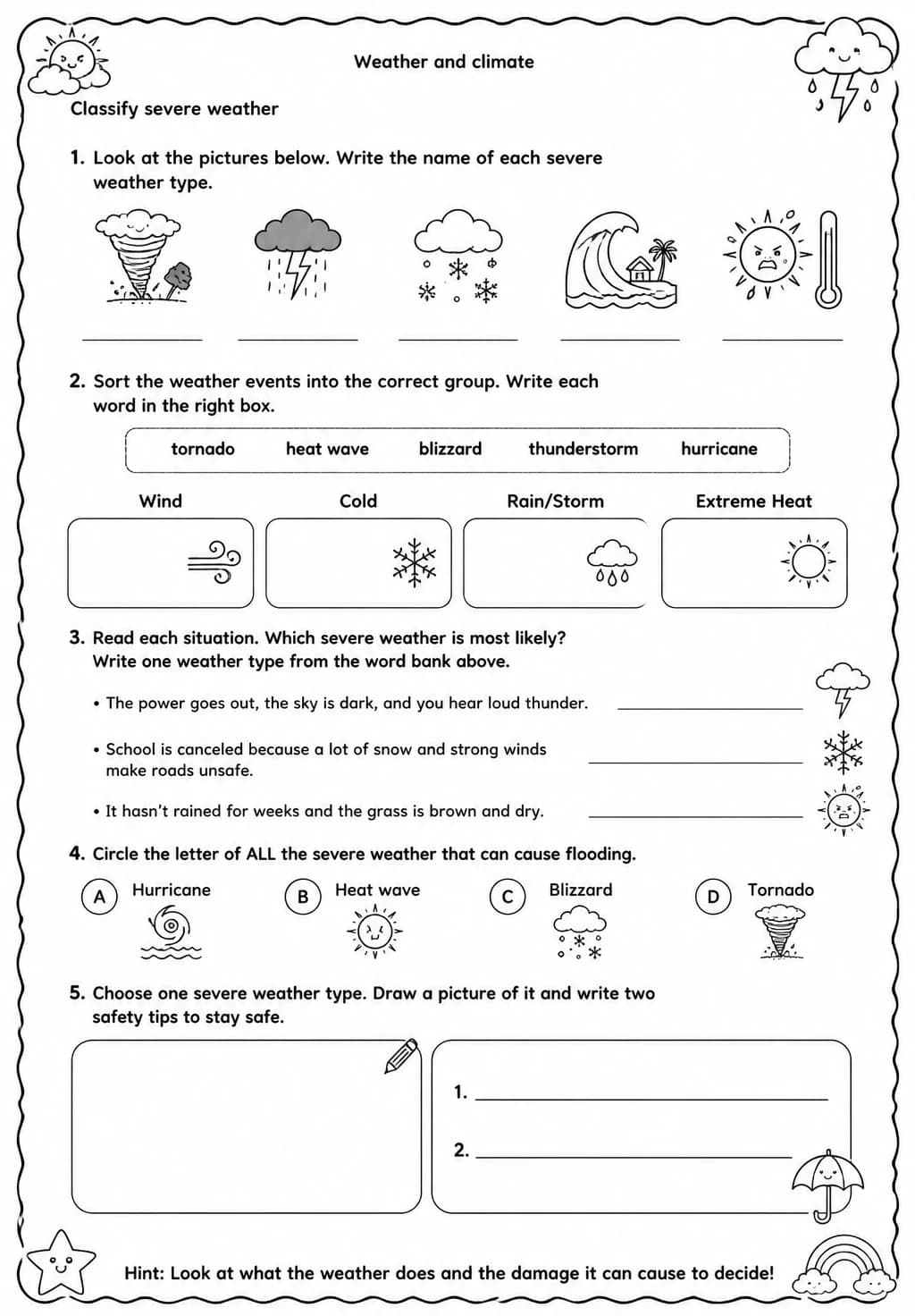 Classify severe weather — free printable Grade 4 Science worksheet